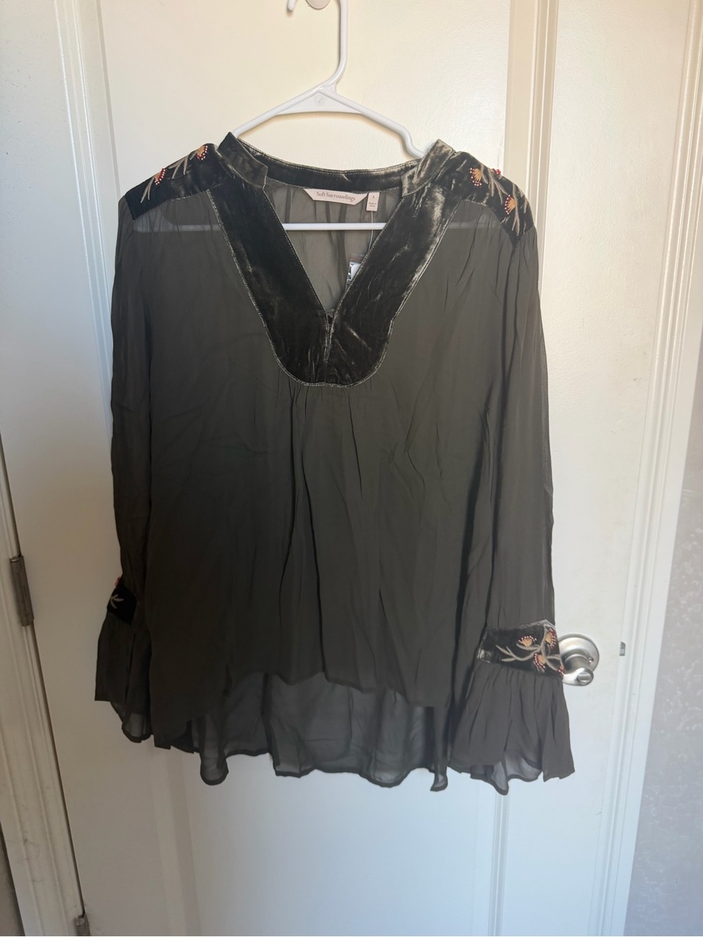 Soft Surroundings Sheer Olive Green Velvet-Trim Blouse with Embroidery